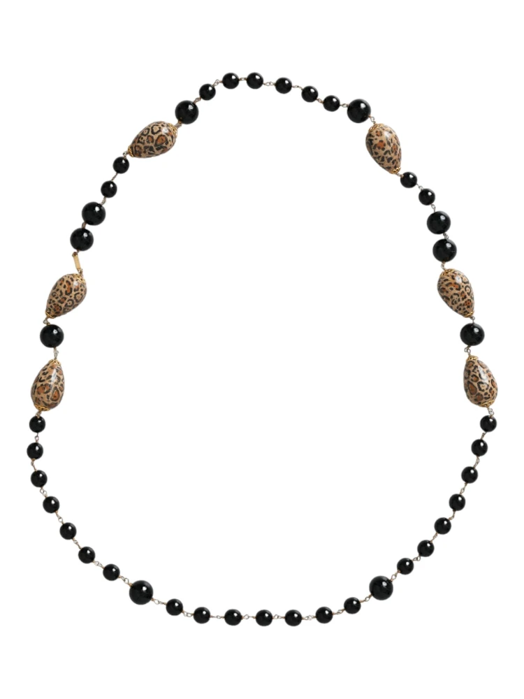 Gold Tone Brass Black Printed Beaded Long Chain Necklace