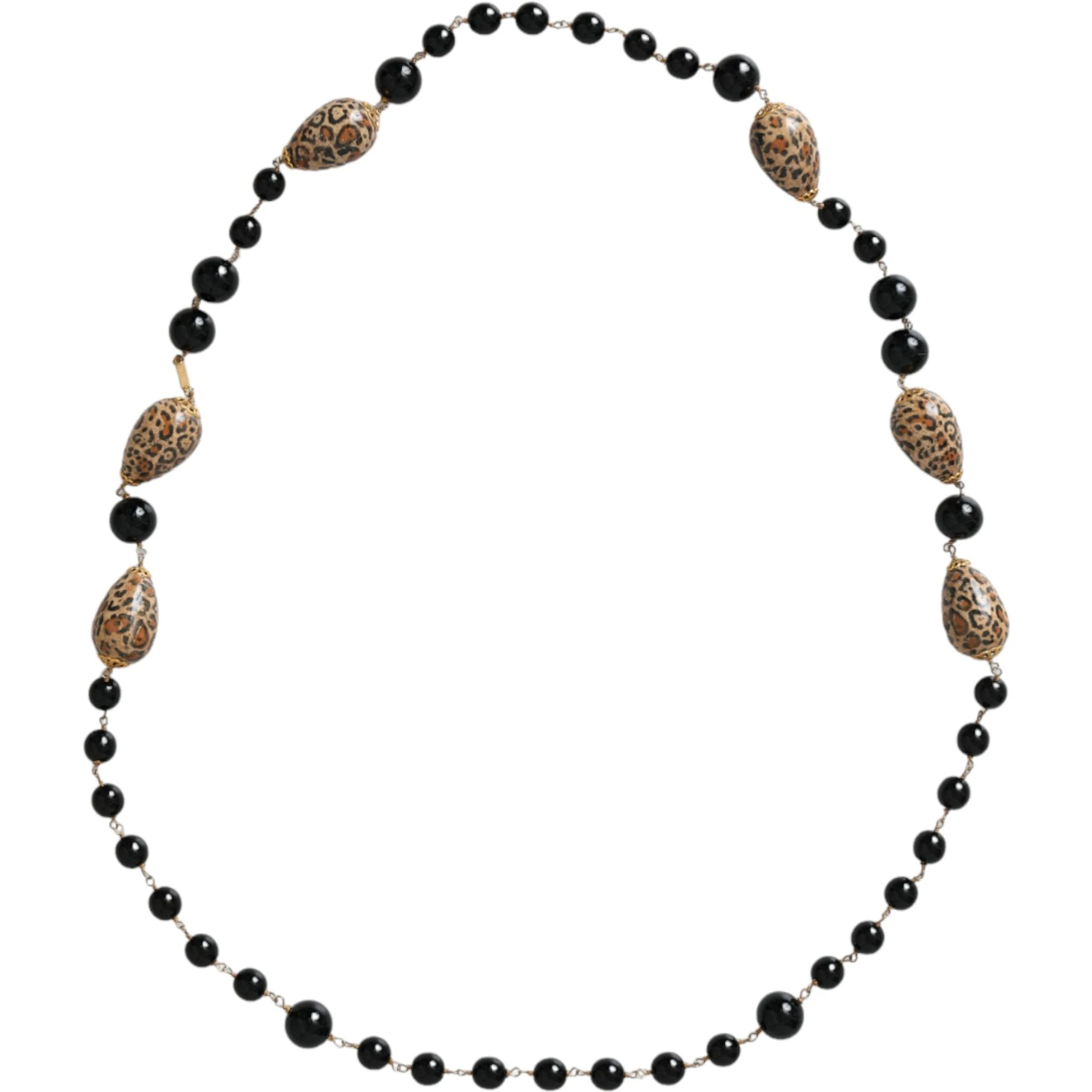 Gold Tone Brass Black Printed Beaded Long Chain Necklace