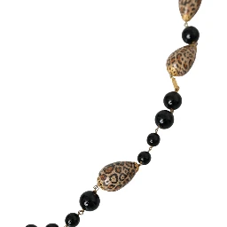 Gold Tone Brass Black Printed Beaded Long Chain Necklace