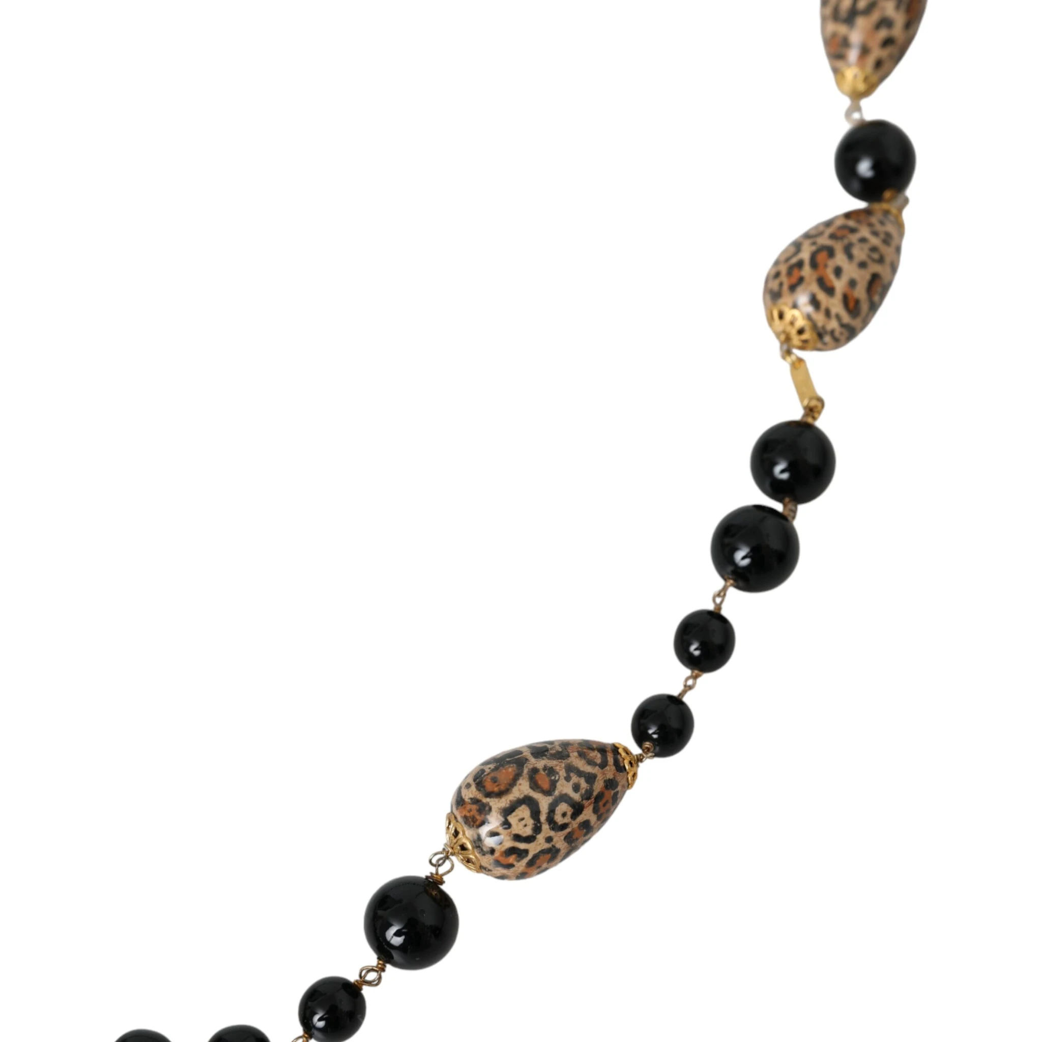 Gold Tone Brass Black Printed Beaded Long Chain Necklace