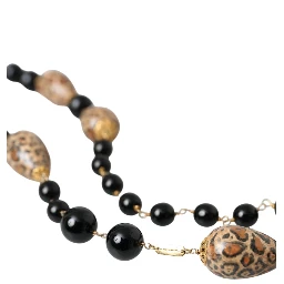 Gold Tone Brass Black Printed Beaded Long Chain Necklace