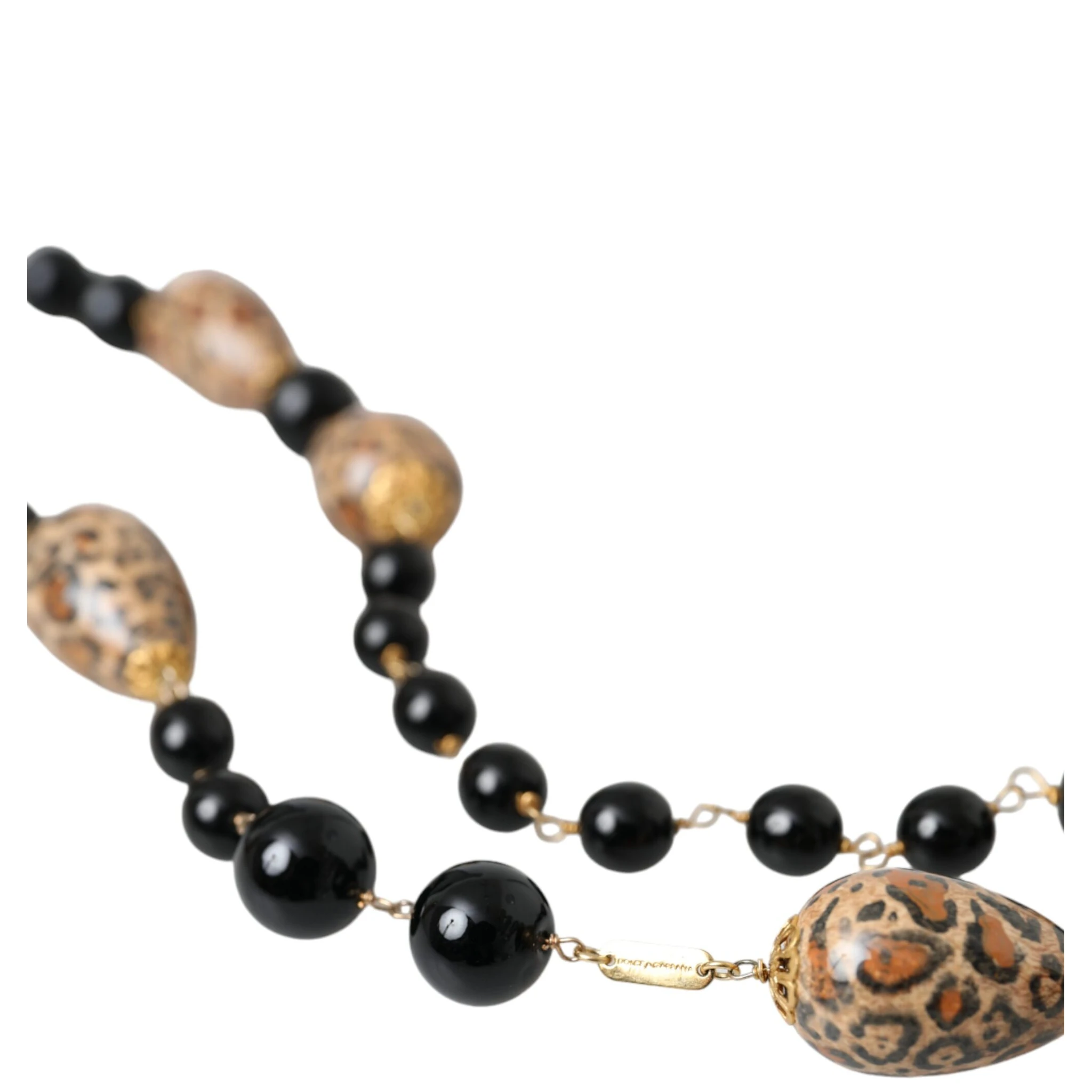 Gold Tone Brass Black Printed Beaded Long Chain Necklace