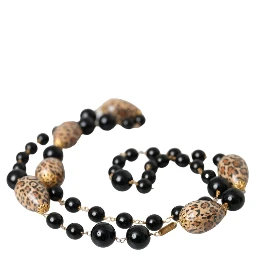 Gold Tone Brass Black Printed Beaded Long Chain Necklace