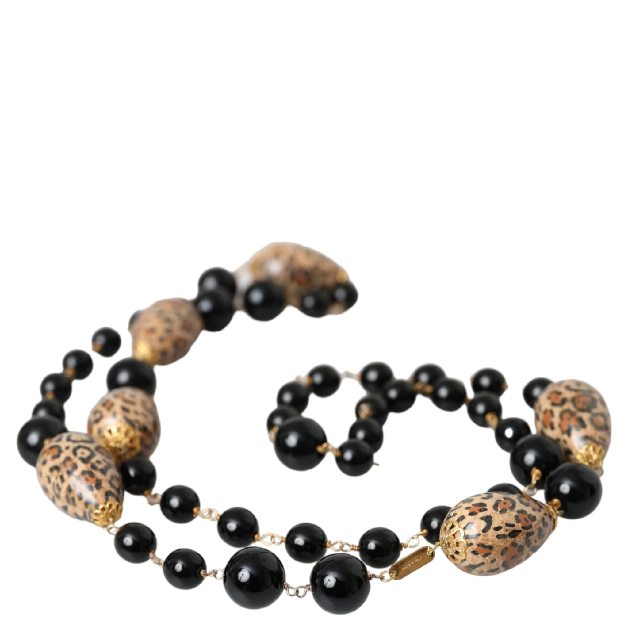 Gold Tone Brass Black Printed Beaded Long Chain Necklace