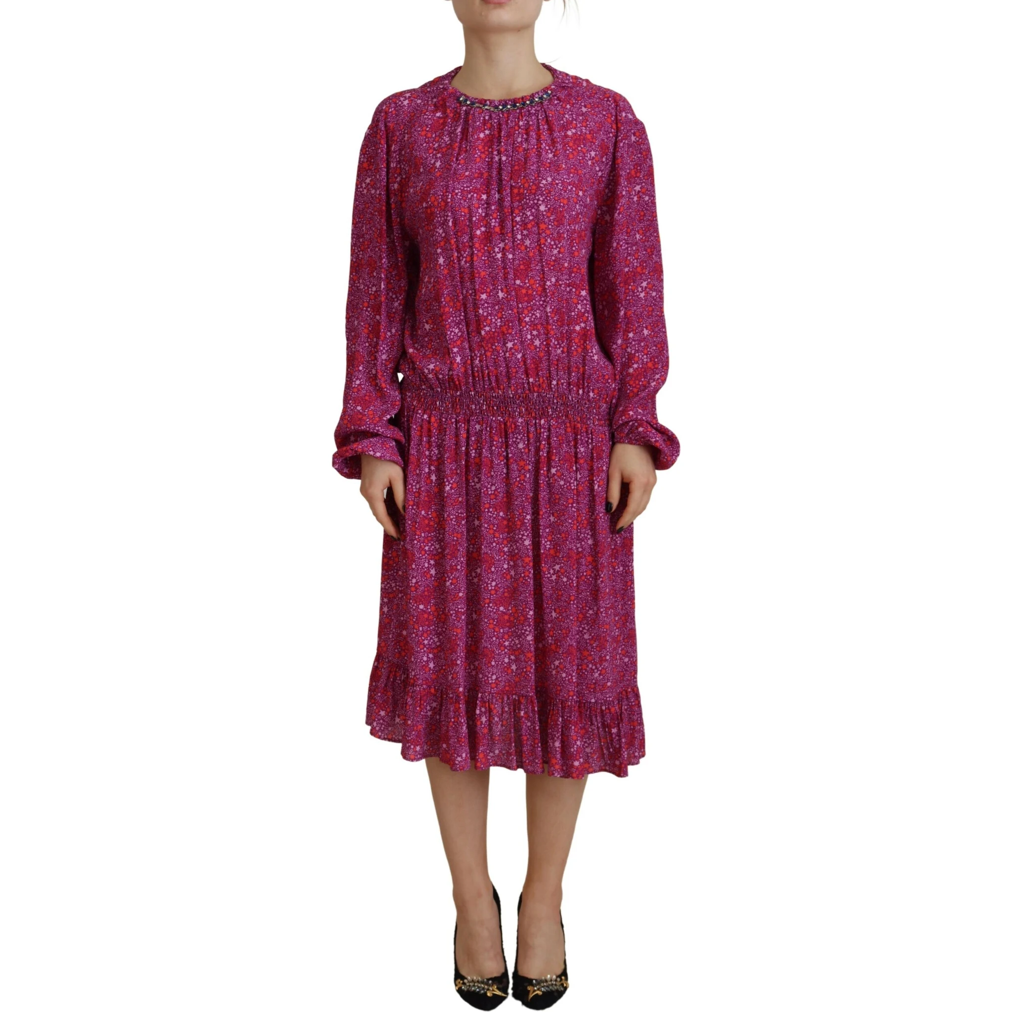 Fuchsia Stars Embellished Long Sleeves Dress