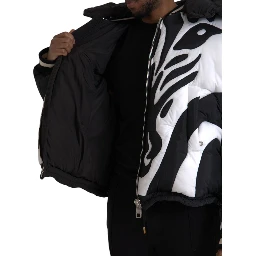 Black White Stripes Hooded Puffer Jacket