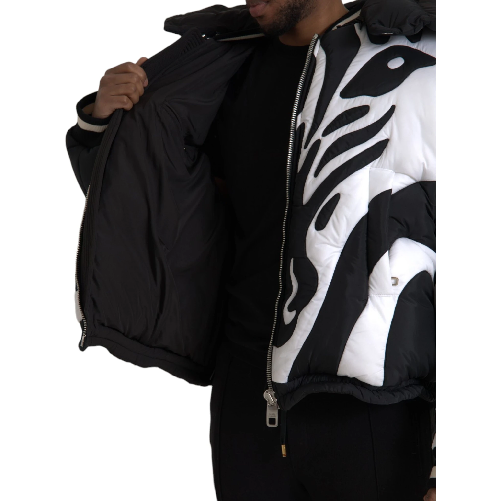 Black White Stripes Hooded Puffer Jacket