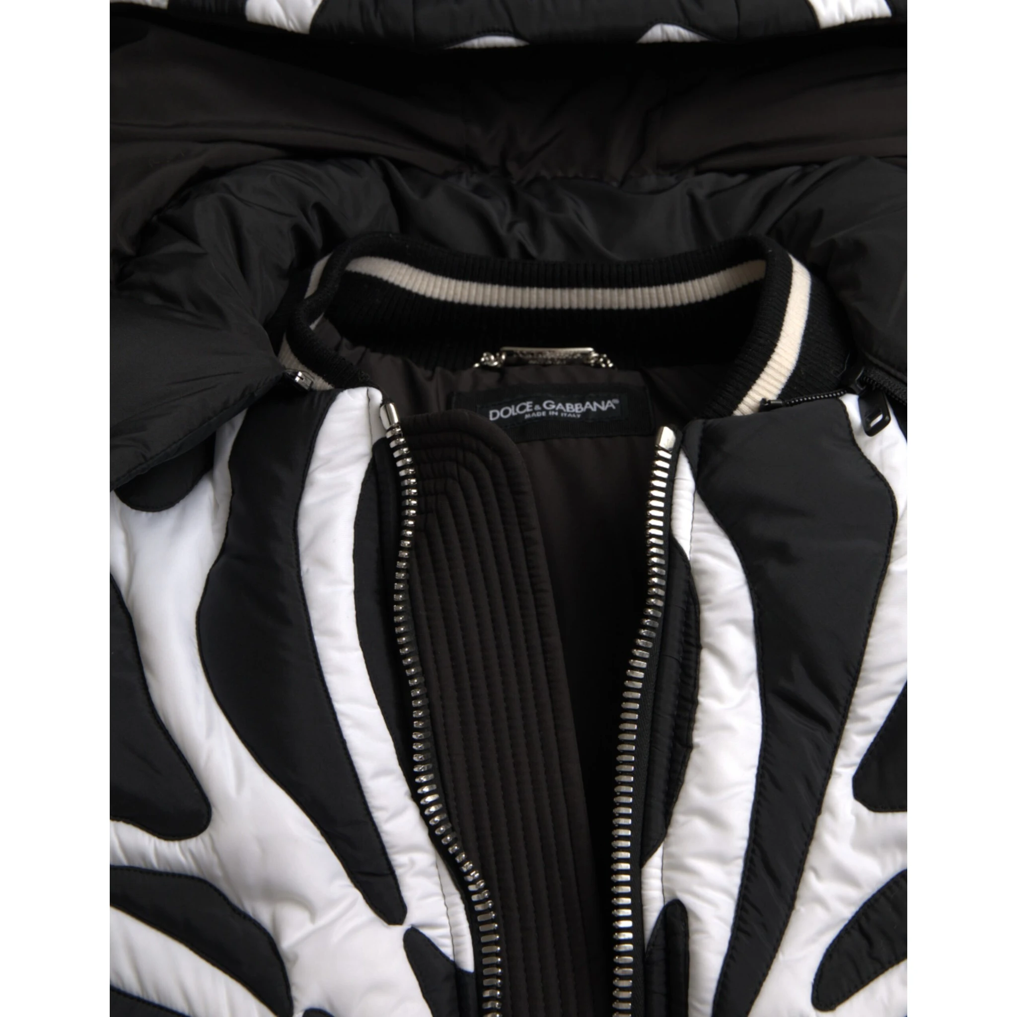 Black White Stripes Hooded Puffer Jacket