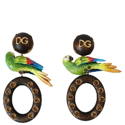 Multicolor Parrot Wood Brass Crystal Embellished Earrings