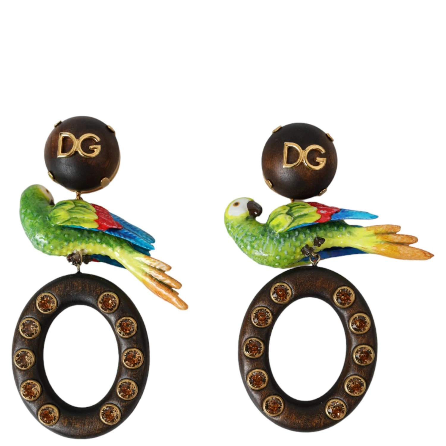 Multicolor Parrot Wood Brass Crystal Embellished Earrings