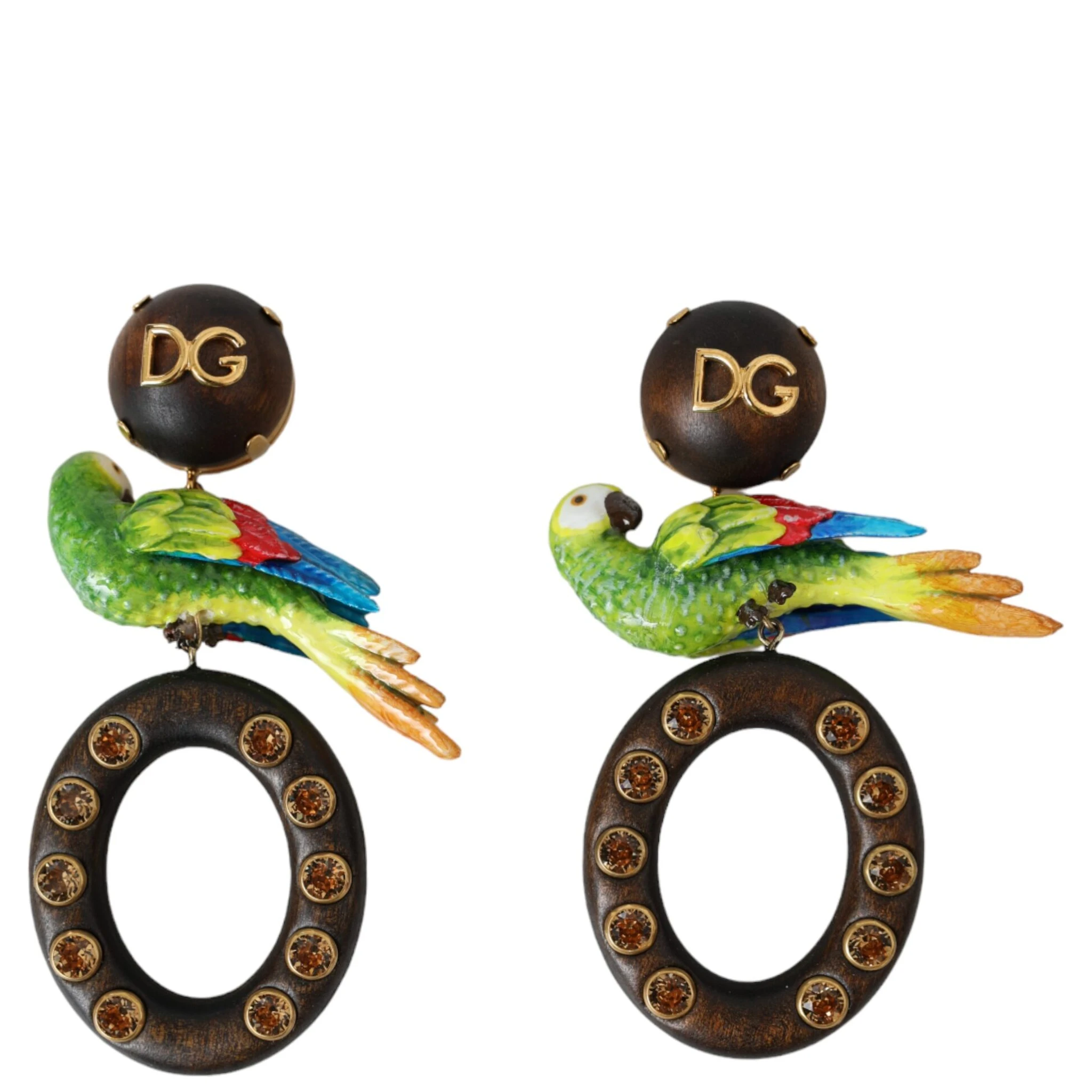 Multicolor Parrot Wood Brass Crystal Embellished Earrings
