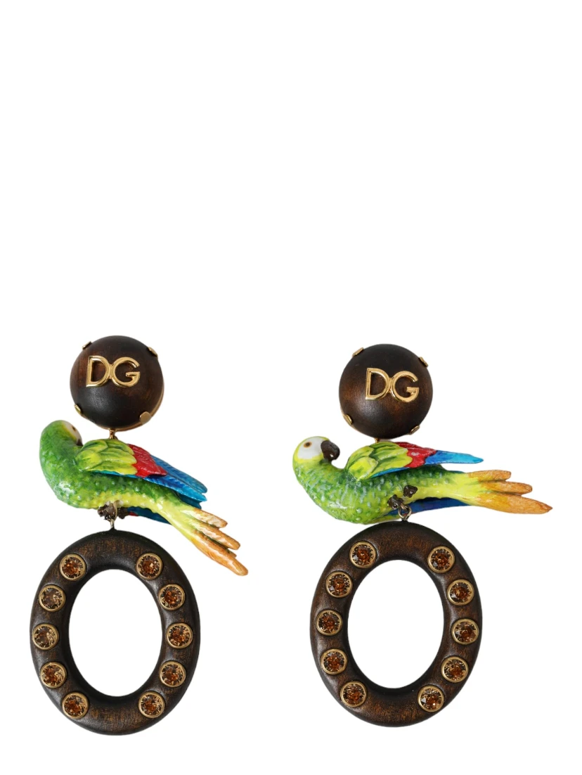 Multicolor Parrot Wood Brass Crystal Embellished Earrings