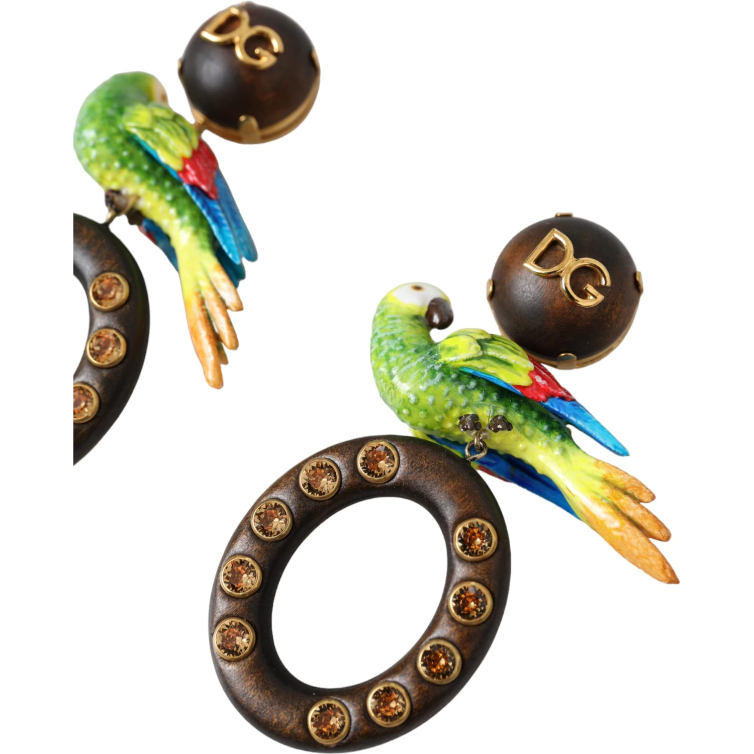 Multicolor Parrot Wood Brass Crystal Embellished Earrings