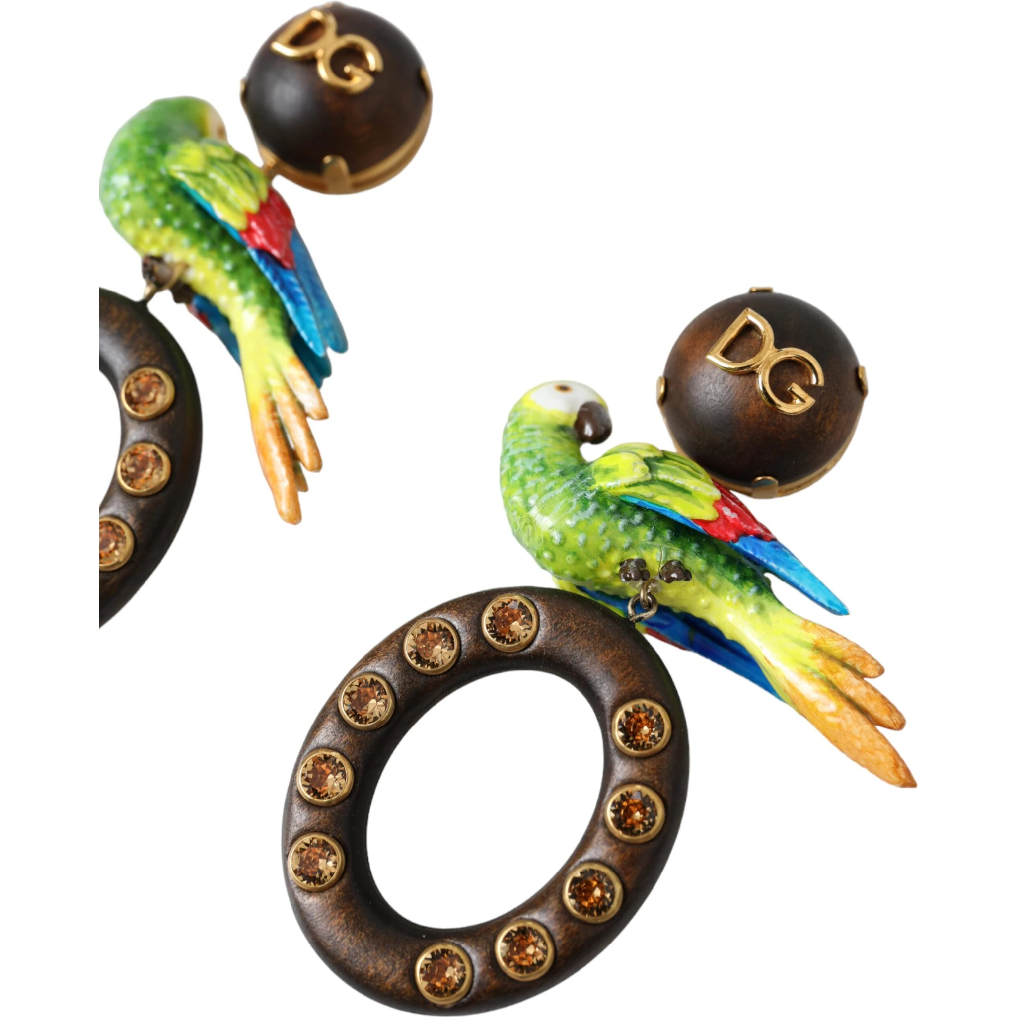 Multicolor Parrot Wood Brass Crystal Embellished Earrings