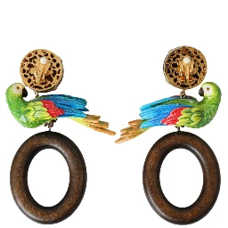 Multicolor Parrot Wood Brass Crystal Embellished Earrings