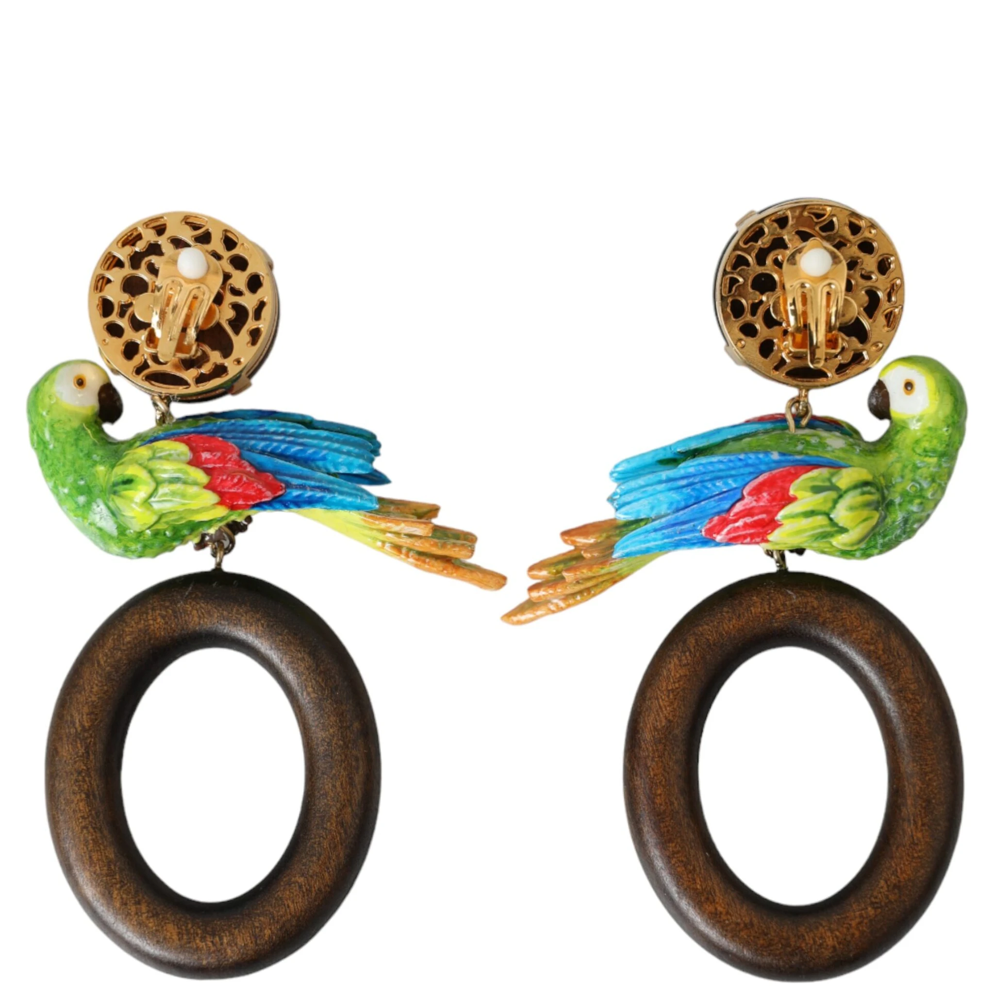 Multicolor Parrot Wood Brass Crystal Embellished Earrings