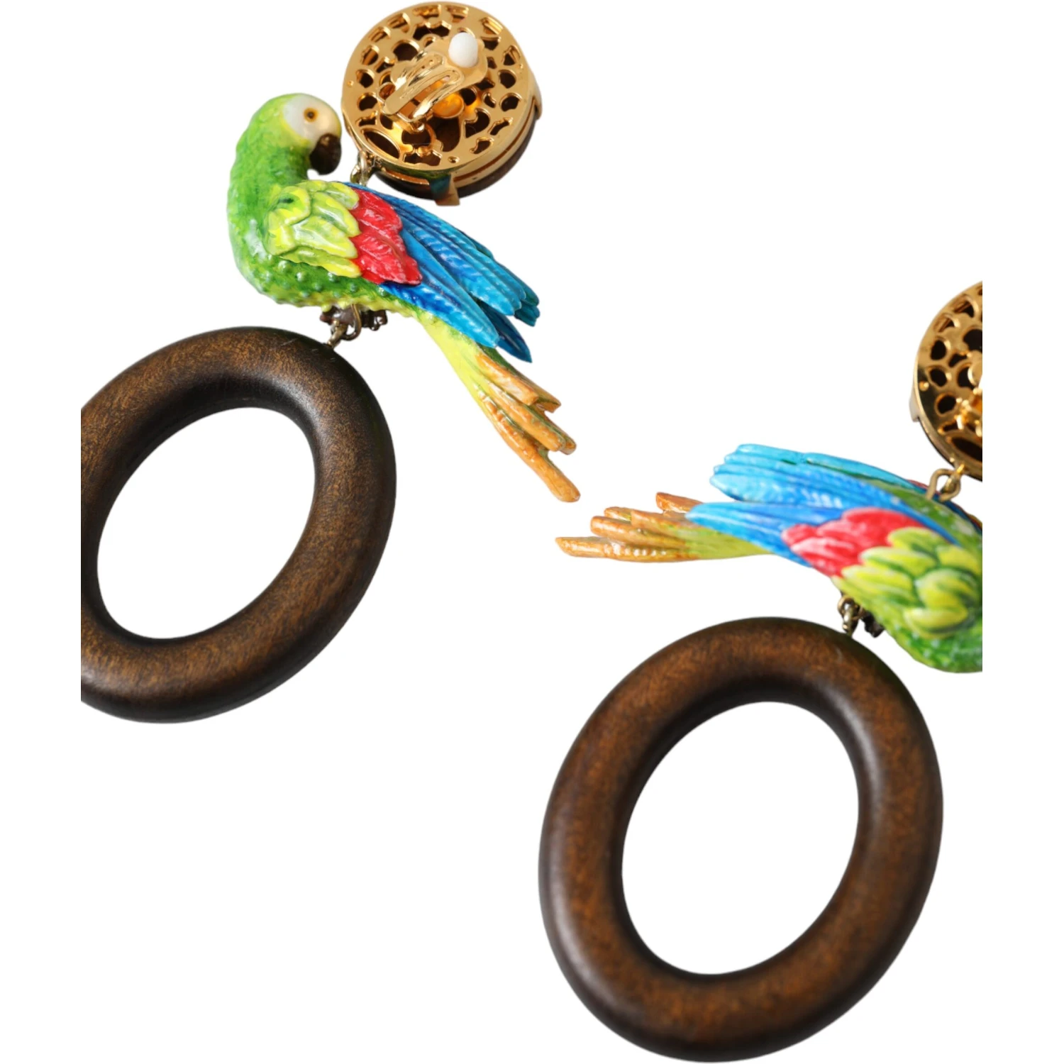Multicolor Parrot Wood Brass Crystal Embellished Earrings