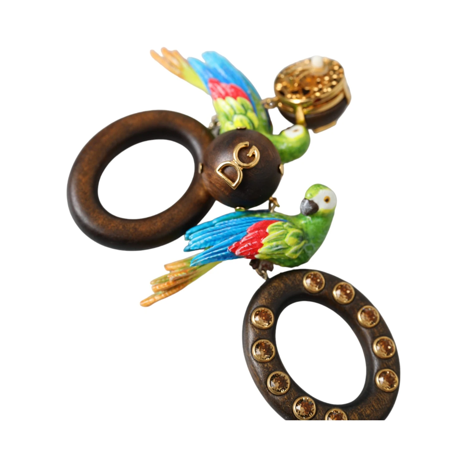 Multicolor Parrot Wood Brass Crystal Embellished Earrings