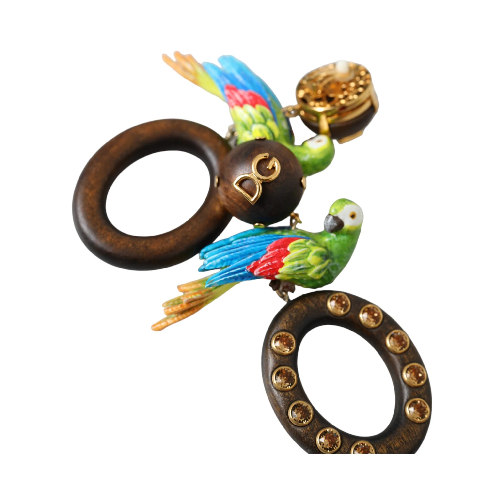 Multicolor Parrot Wood Brass Crystal Embellished Earrings