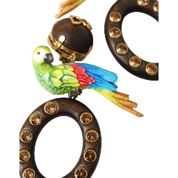 Multicolor Parrot Wood Brass Crystal Embellished Earrings