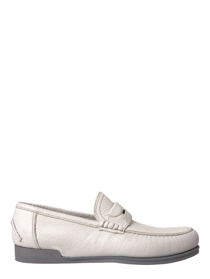 White Gray Leather Slip Mocassin Shoes Loafer