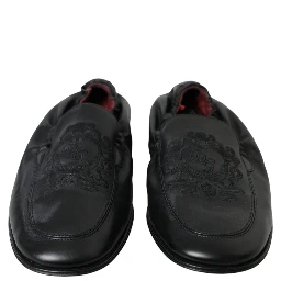 Black Logo Embroidered Leather Loafer Men Dress Shoes