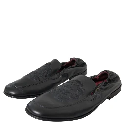Black Logo Embroidered Leather Loafer Men Dress Shoes