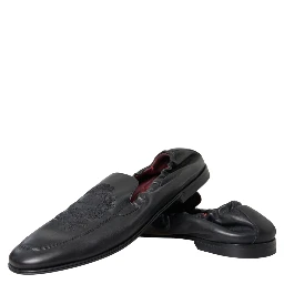 Black Logo Embroidered Leather Loafer Men Dress Shoes