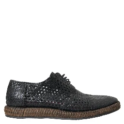Black Woven Goat Leather Lace Up Derby Shoes