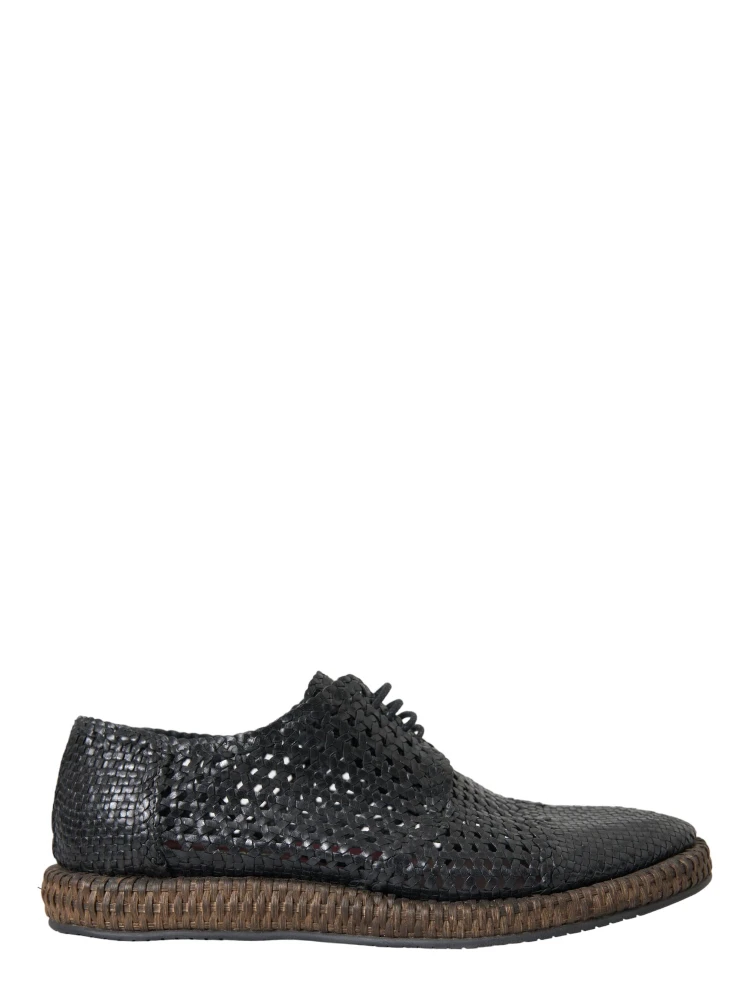 Black Woven Goat Leather Lace Up Derby Shoes