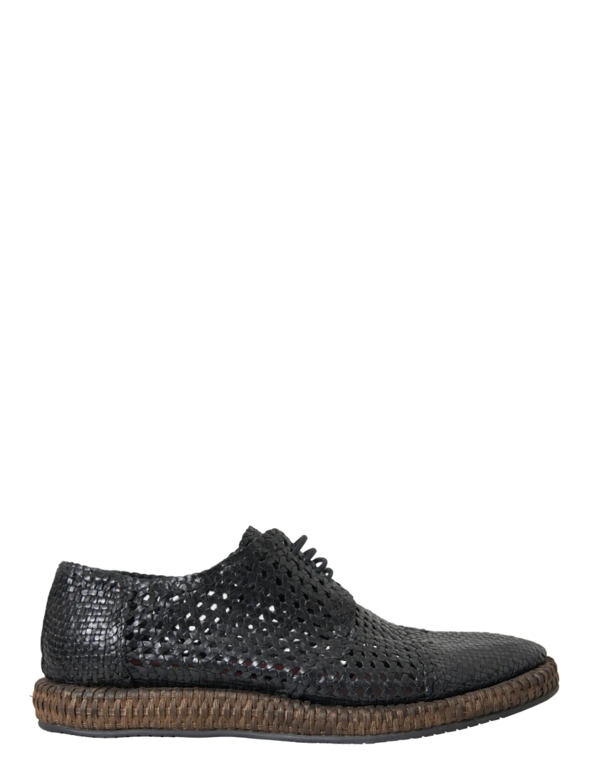 Black Woven Goat Leather Lace Up Derby Shoes