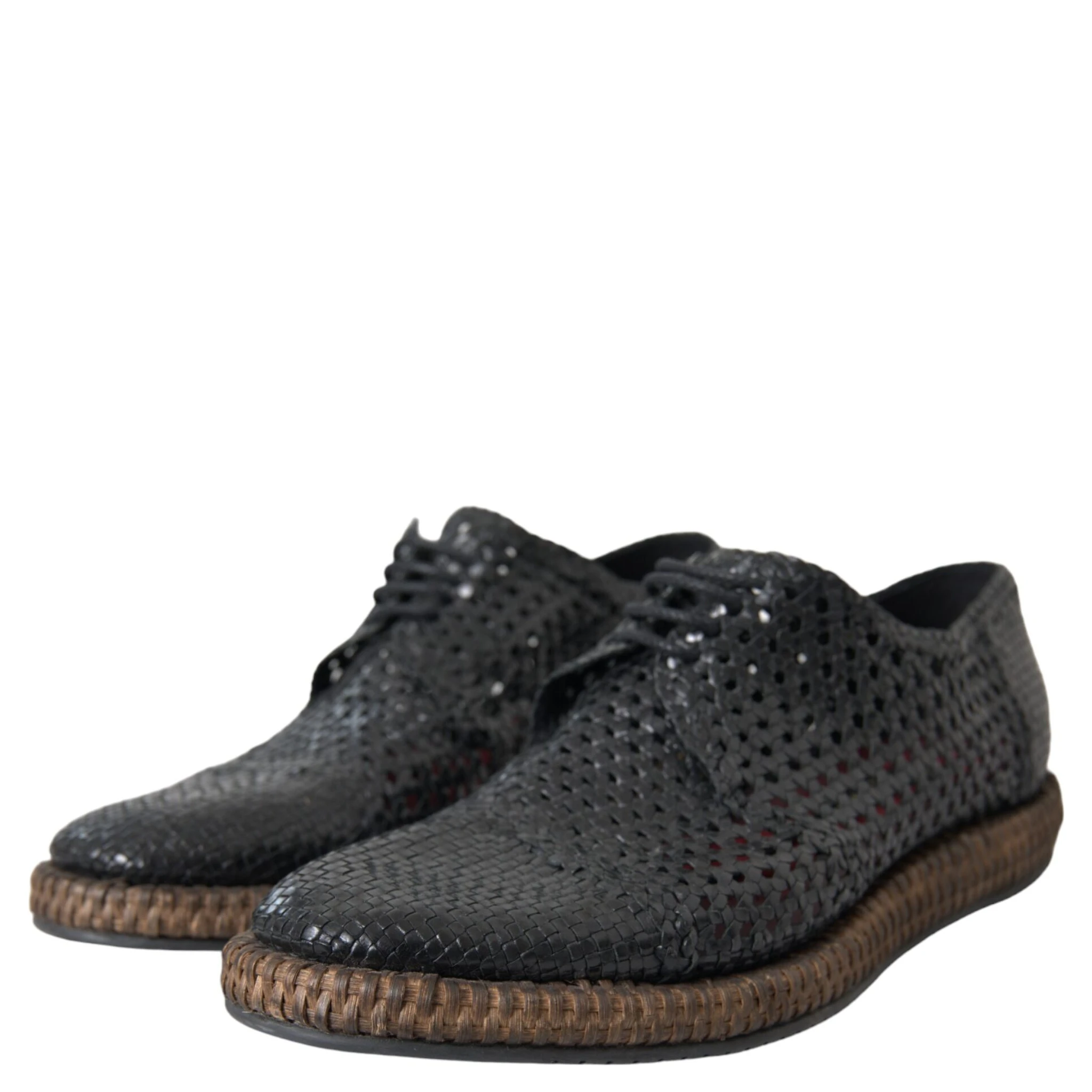 Black Woven Goat Leather Lace Up Derby Shoes