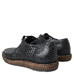 Black Woven Goat Leather Lace Up Derby Shoes