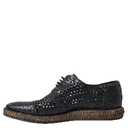 Black Woven Goat Leather Lace Up Derby Shoes
