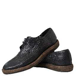 Black Woven Goat Leather Lace Up Derby Shoes