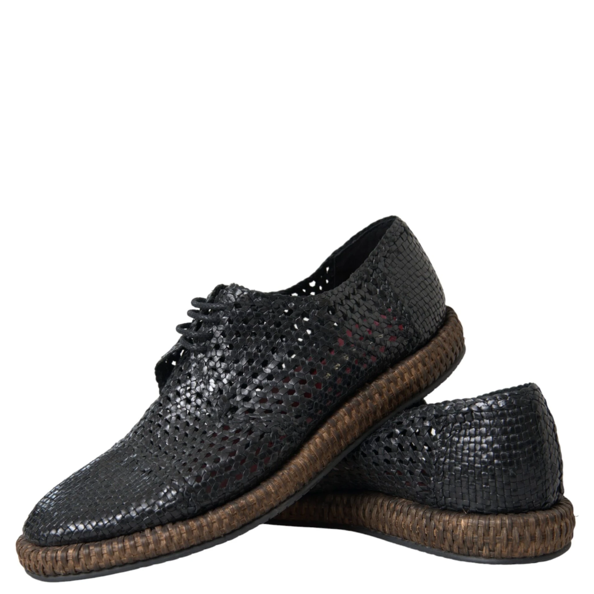 Black Woven Goat Leather Lace Up Derby Shoes