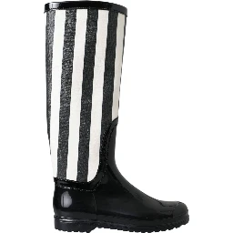 Black Rubber Knee High Flat Boots Shoes