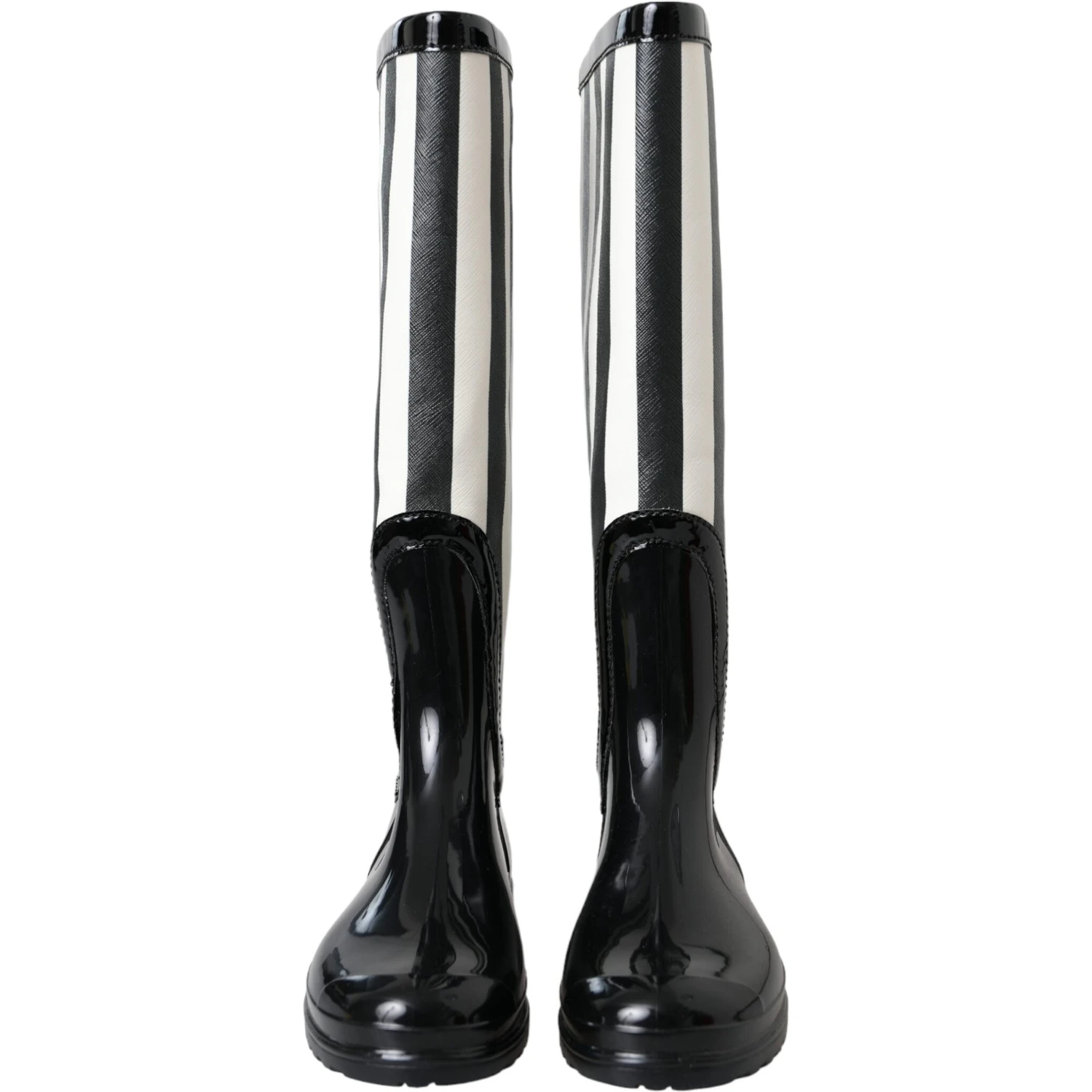 Black Rubber Knee High Flat Boots Shoes