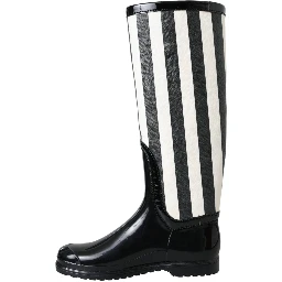 Black Rubber Knee High Flat Boots Shoes