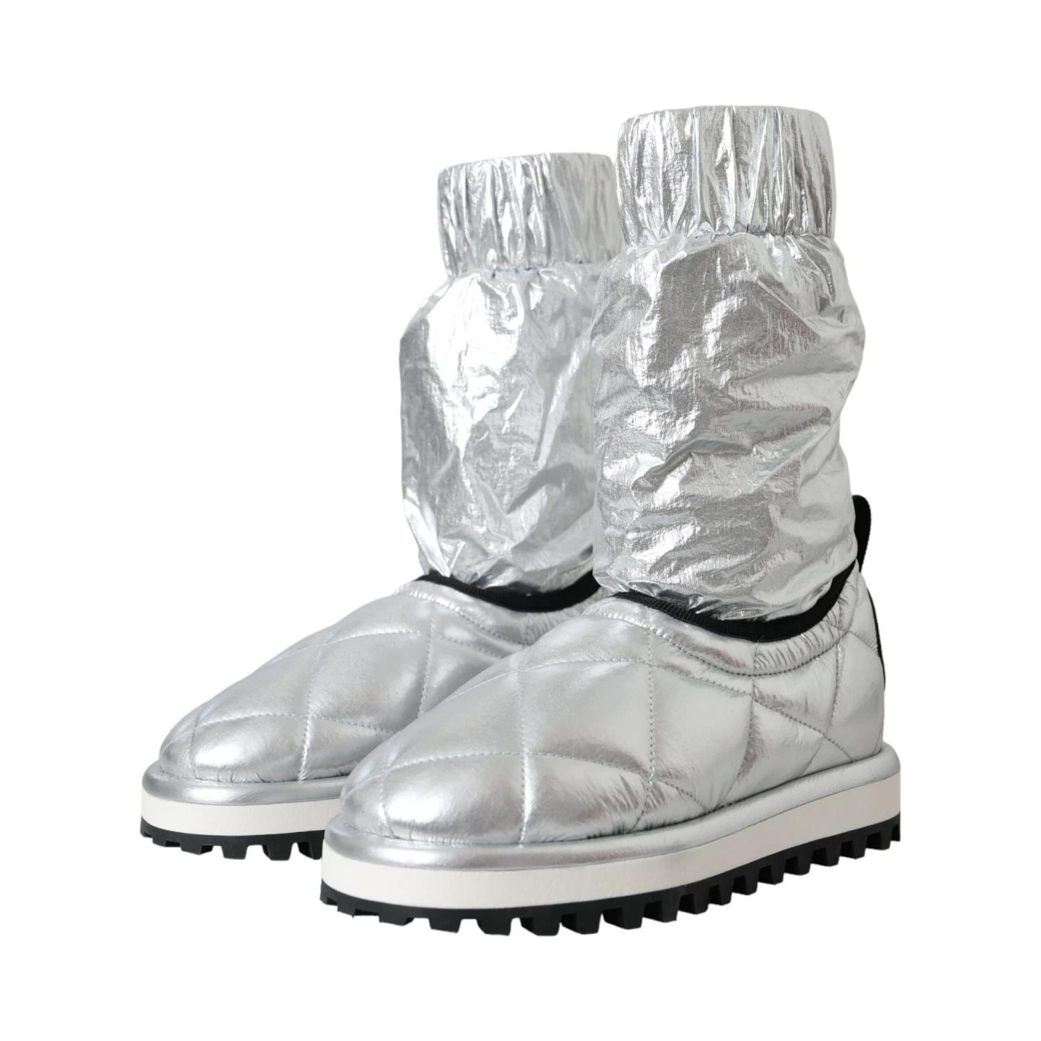 Metallic Silver Quilted Logo Patch Boot Shoes