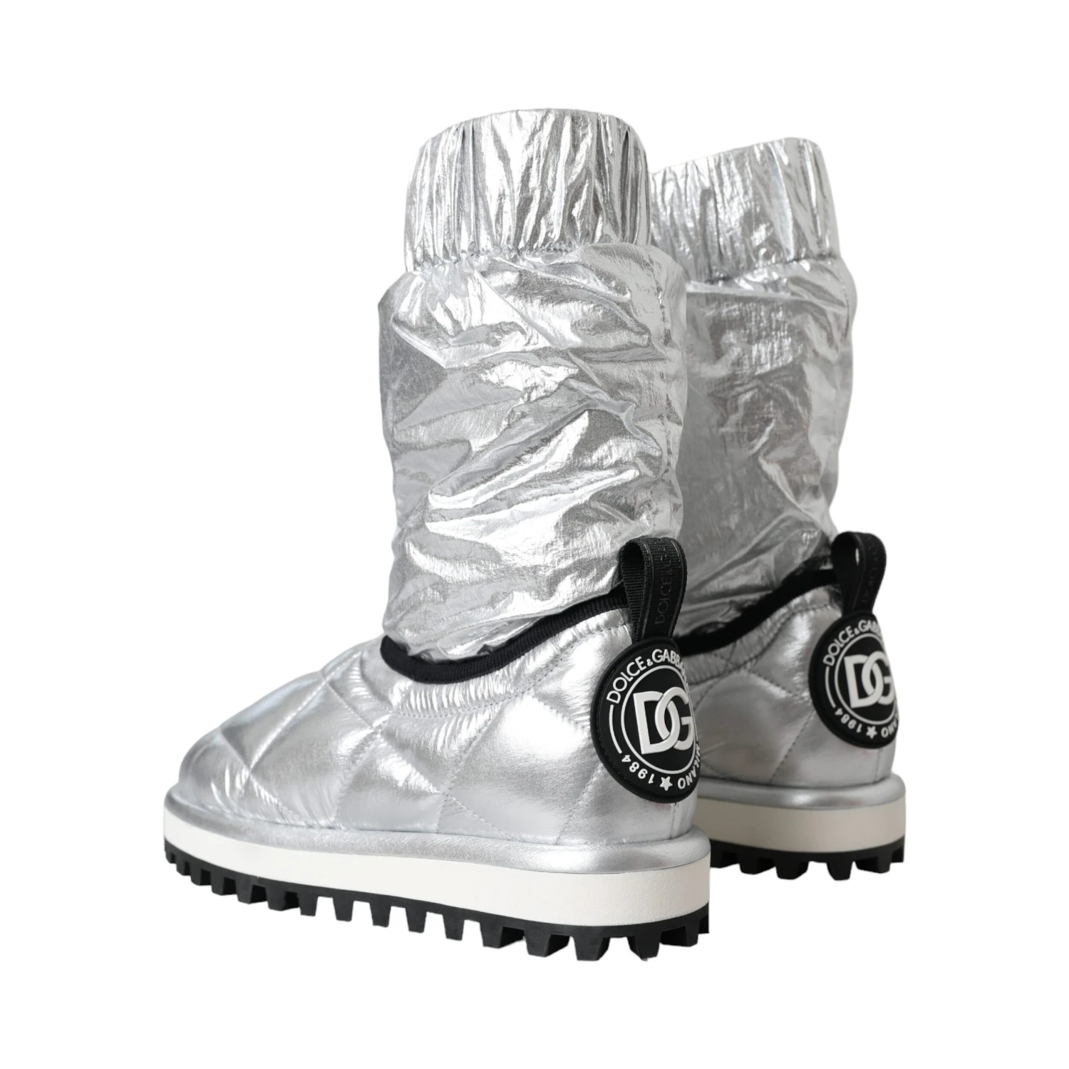 Metallic Silver Quilted Logo Patch Boot Shoes