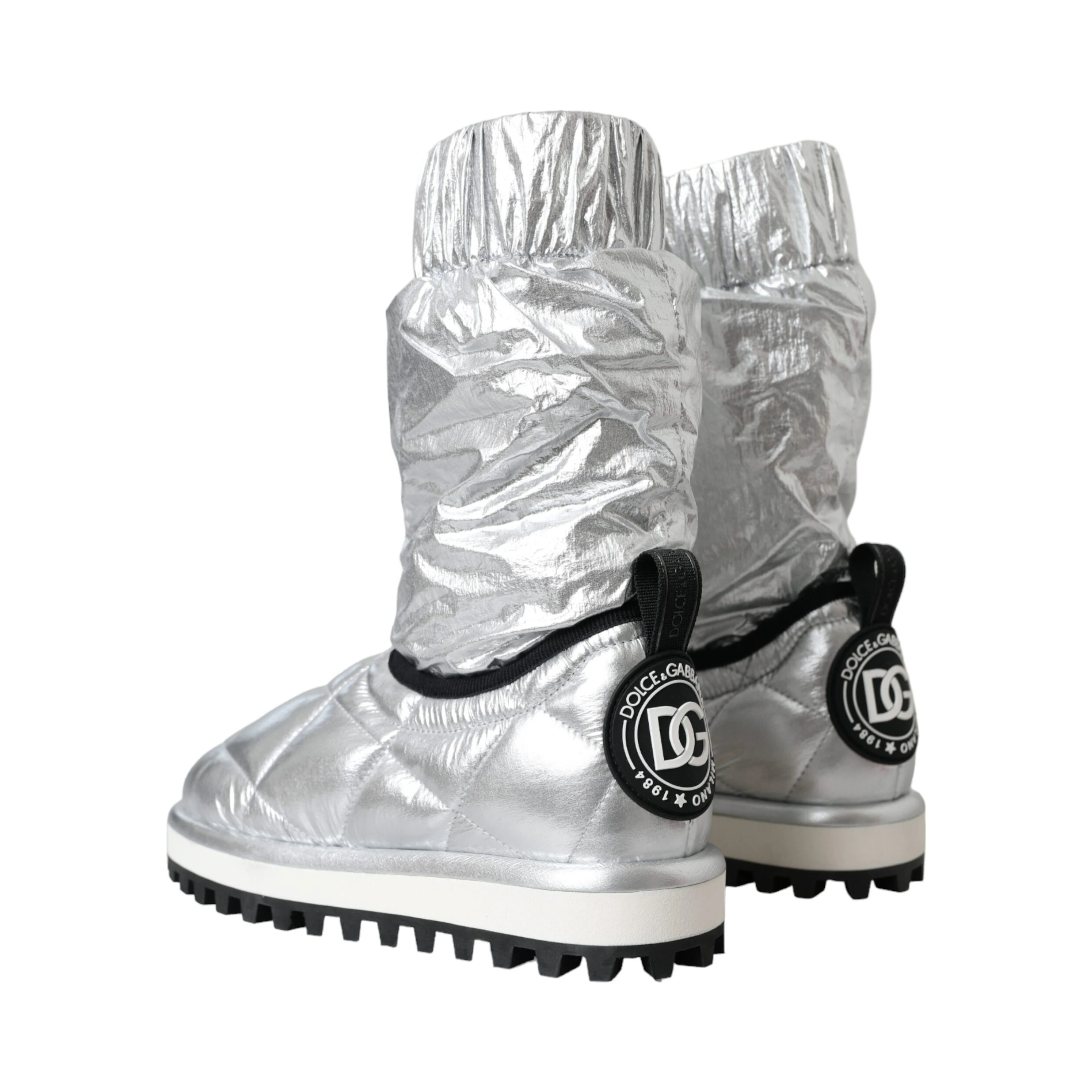 Metallic Silver Quilted Logo Patch Boot Shoes