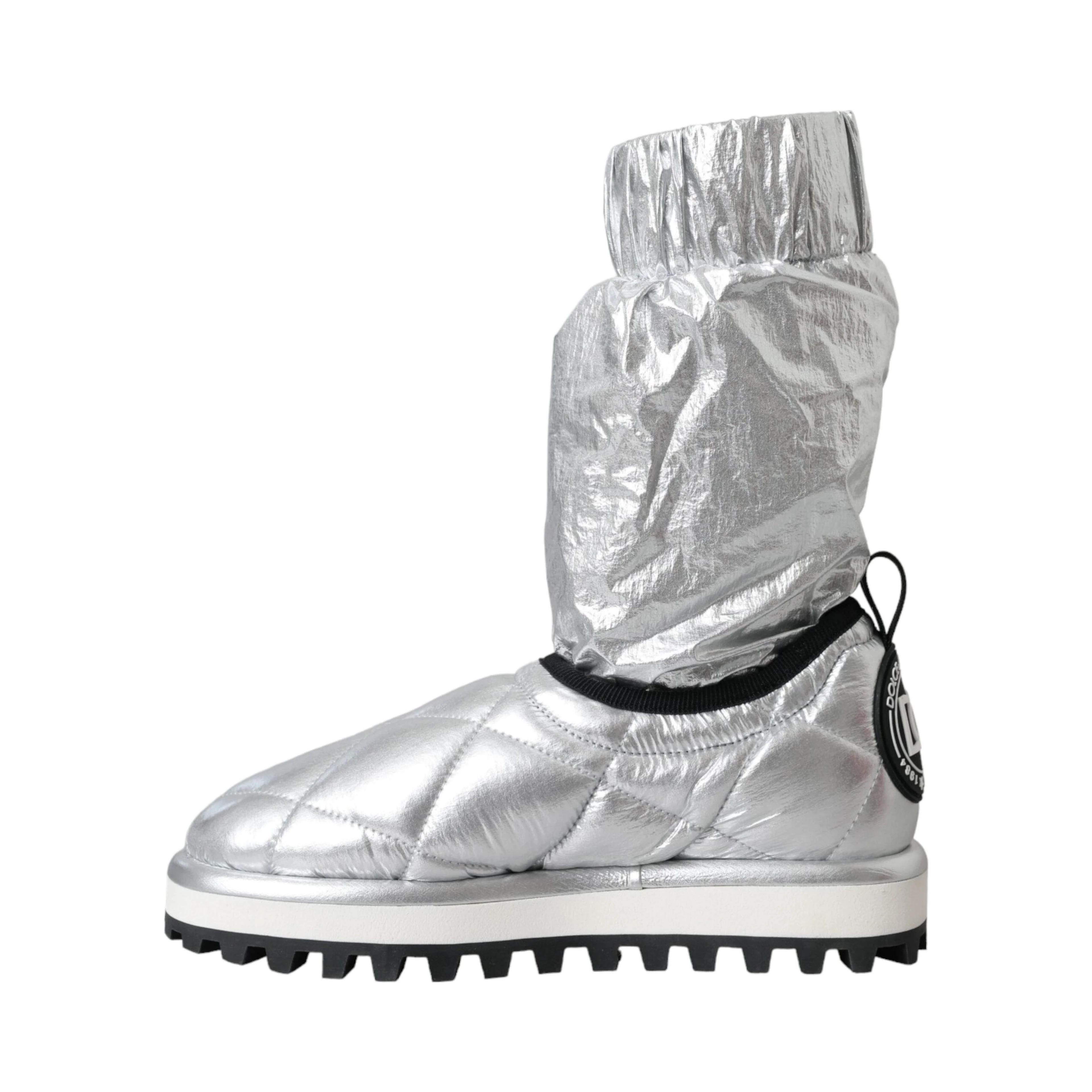 Metallic Silver Quilted Logo Patch Boot Shoes