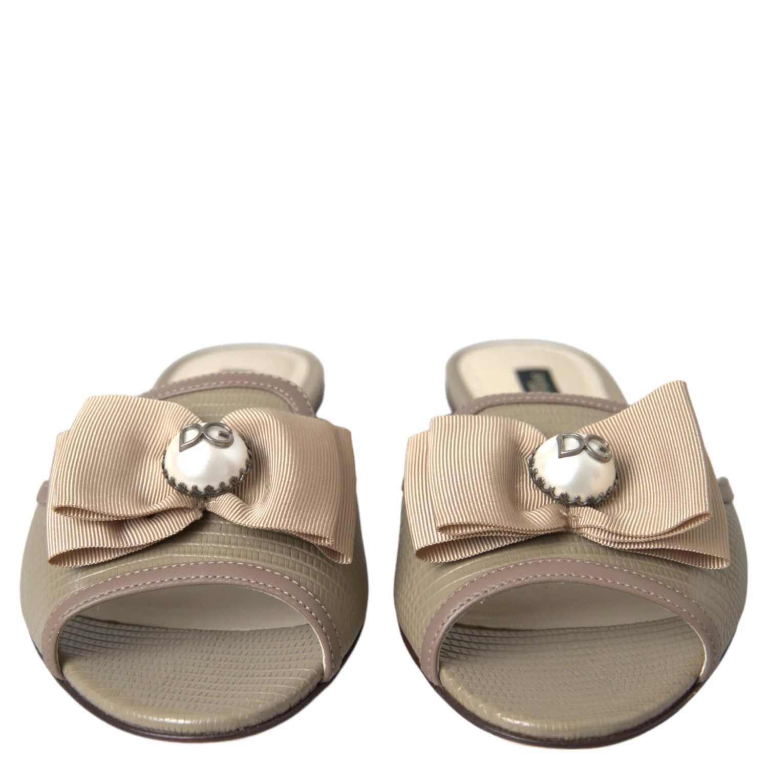 Beige Logo Pearl Flats Sandals Slides Shoes