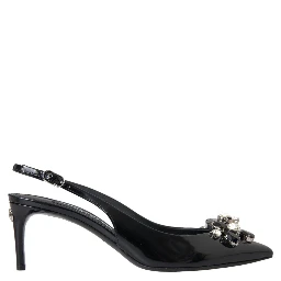 Black Patent Leather Crystal Slingback Shoes