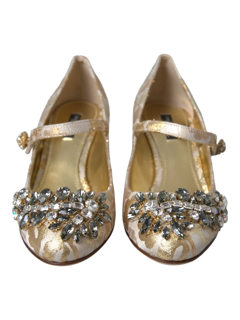 Gold Jacquard Crystal Mary Janes Pumps Shoes