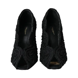 Black Cordonetto Ricamo Pump Open Toe Shoes