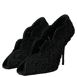 Black Cordonetto Ricamo Pump Open Toe Shoes