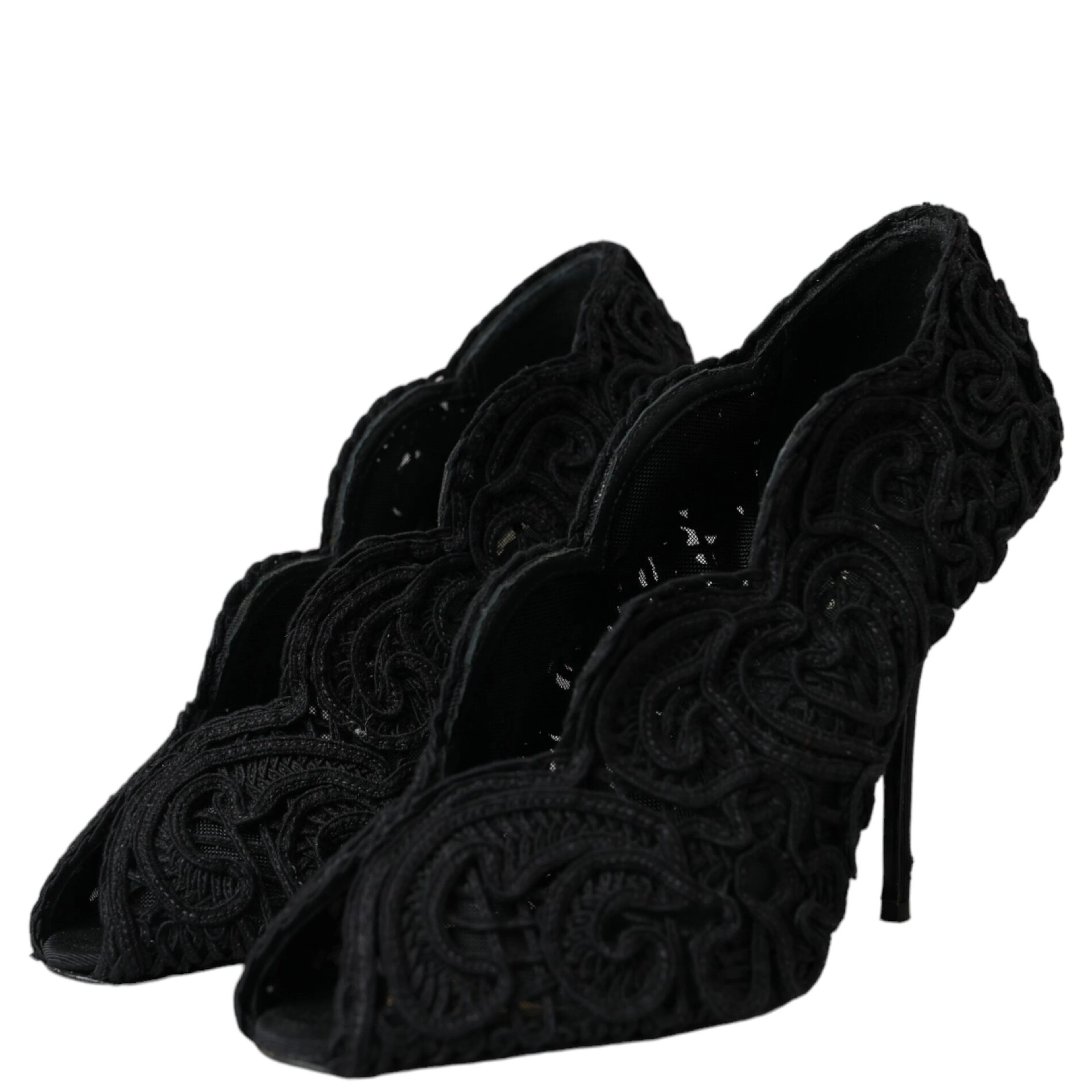 Black Cordonetto Ricamo Pump Open Toe Shoes