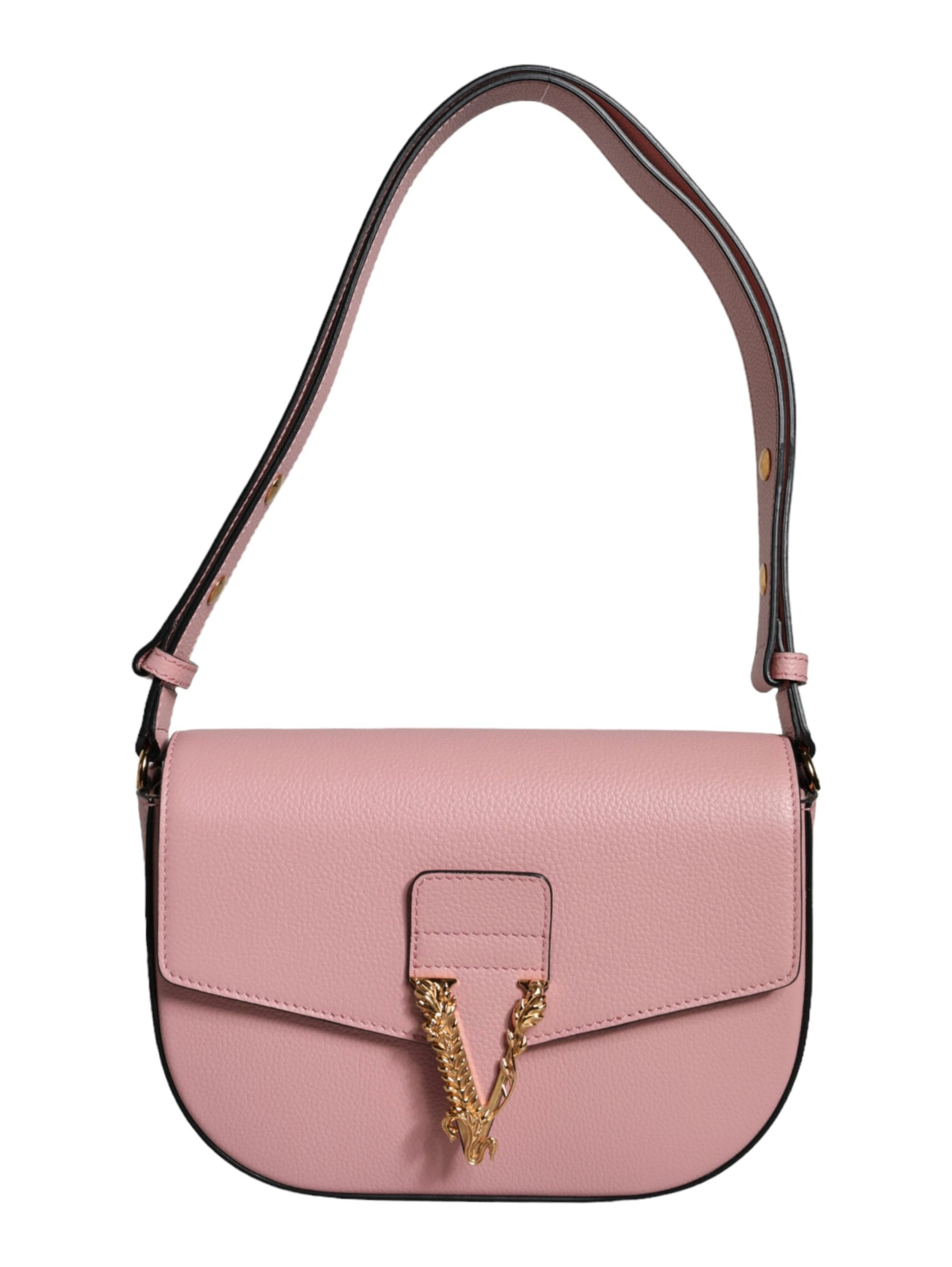 Pink Grainy Calf Leather Logo Crossbody Shoulder Bag